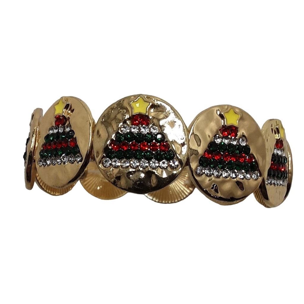 Rhinestone Christmas Tree Bracelet Gold Tone Stretch New 15$